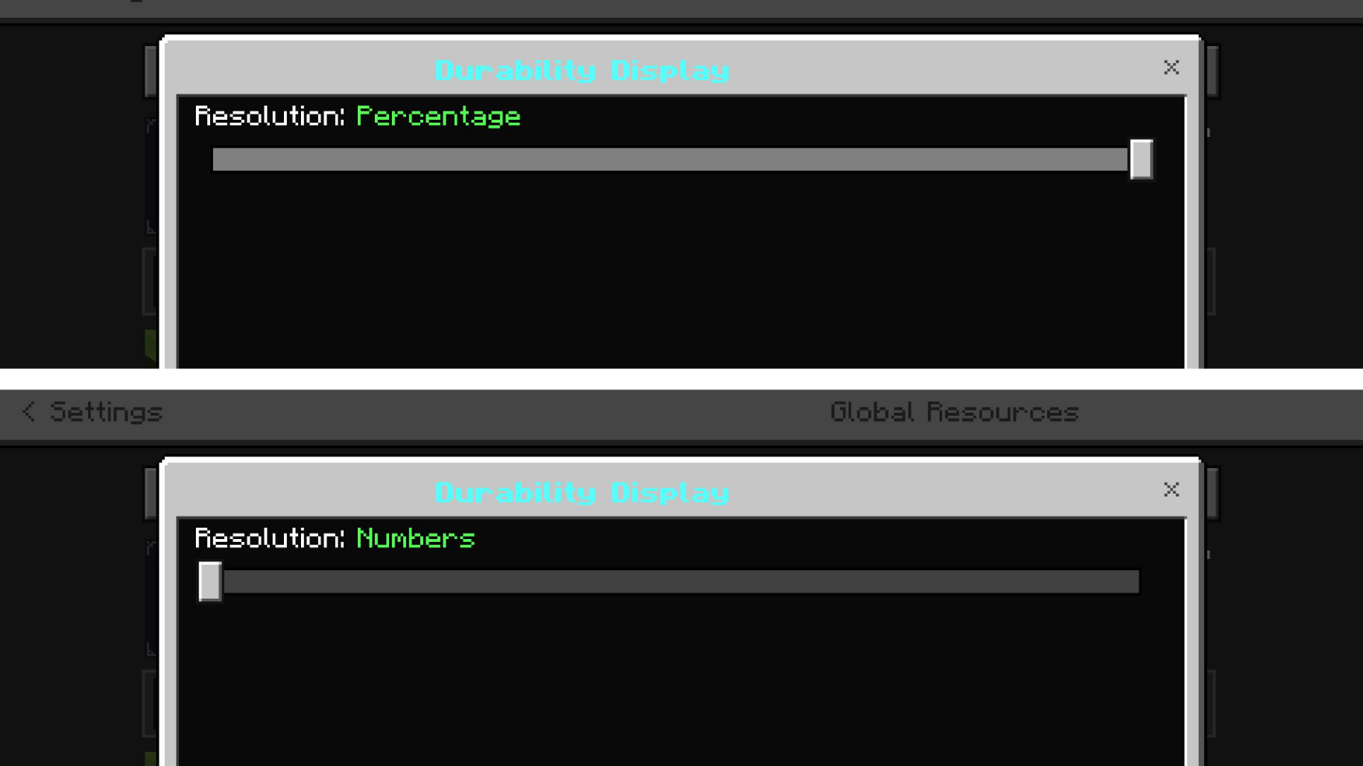 Numbers - Shows durability as colored numbers like 150/250
Percentage - Shows durability as colored percentage like 60%