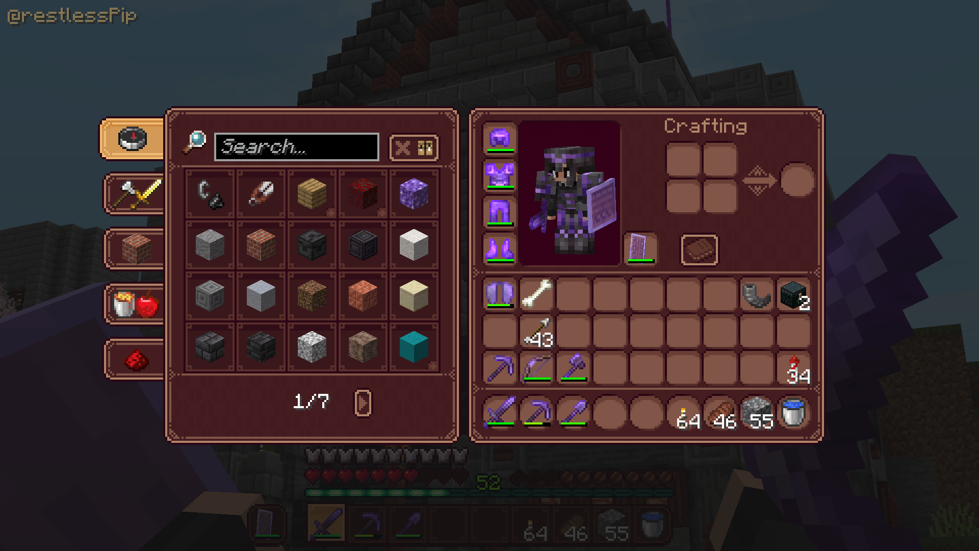 The survival inventory, showing the recipe book