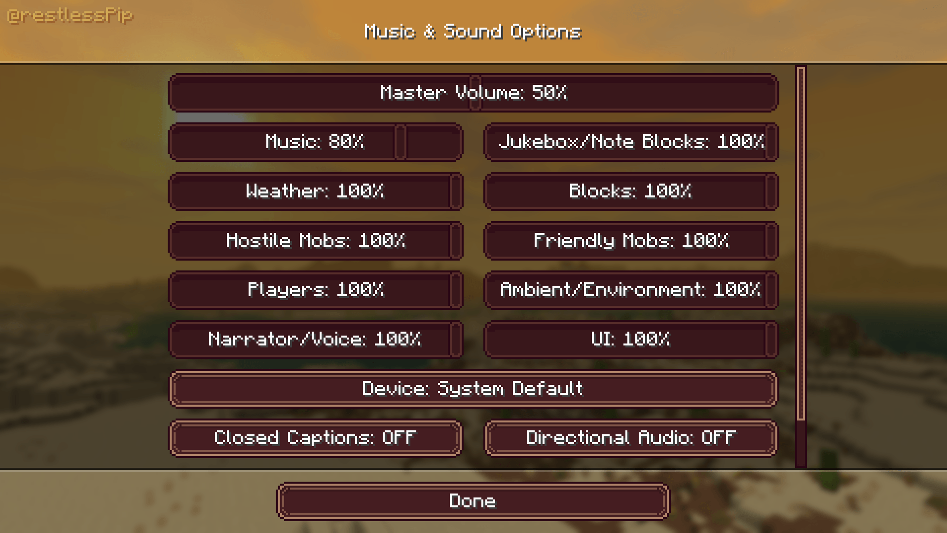 Thumbnail Music & Sound Options, showing better sliders and scroll bars (only from 1.21 versions)