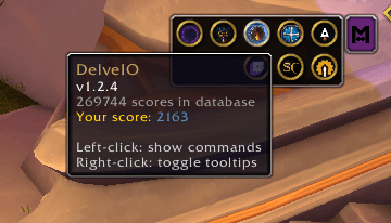 Minimap button showing version, database count, and your score. Left-click for commands, right-click to toggle tooltips