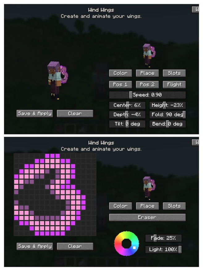 first draw your wings, set pos one, then pos two, then press flight to see the results, if you fly as a wind player that animation will then play