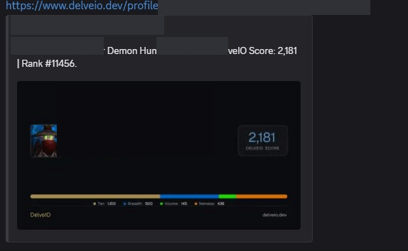 Rich profile preview card when sharing delveio.dev profile links on Discord, Twitter, and other platforms