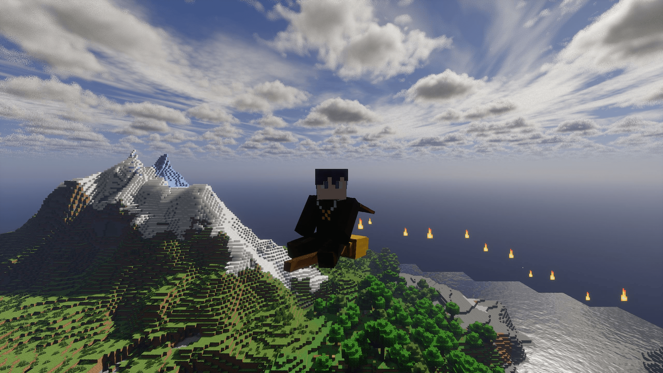 Thumbnail Flying on a flying broom in overdrive mode, signified by the flame particles behind it.