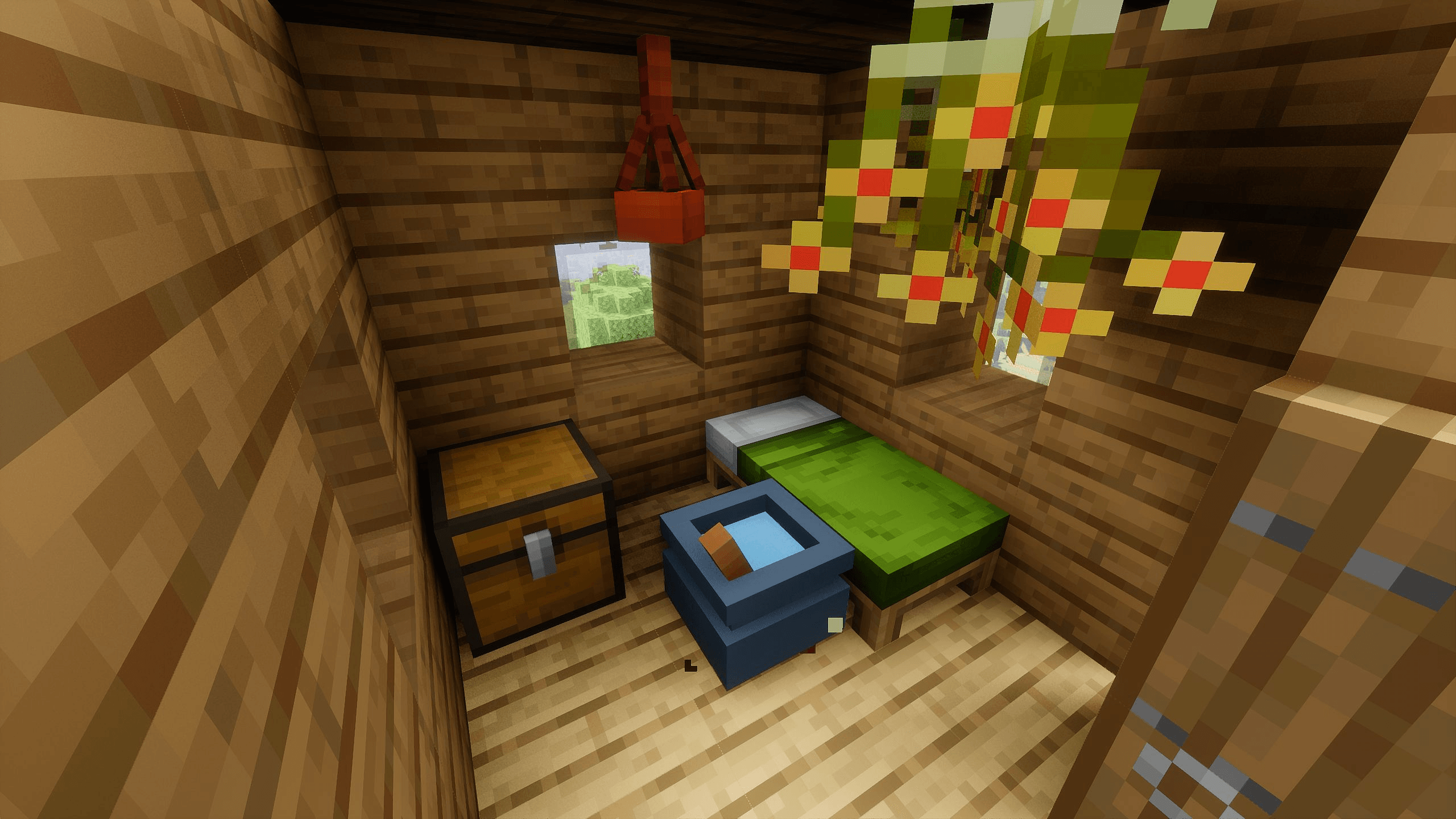 Thumbnail A simple hut interior with a brewing cauldron, a handy bowl, and drying herbs.
