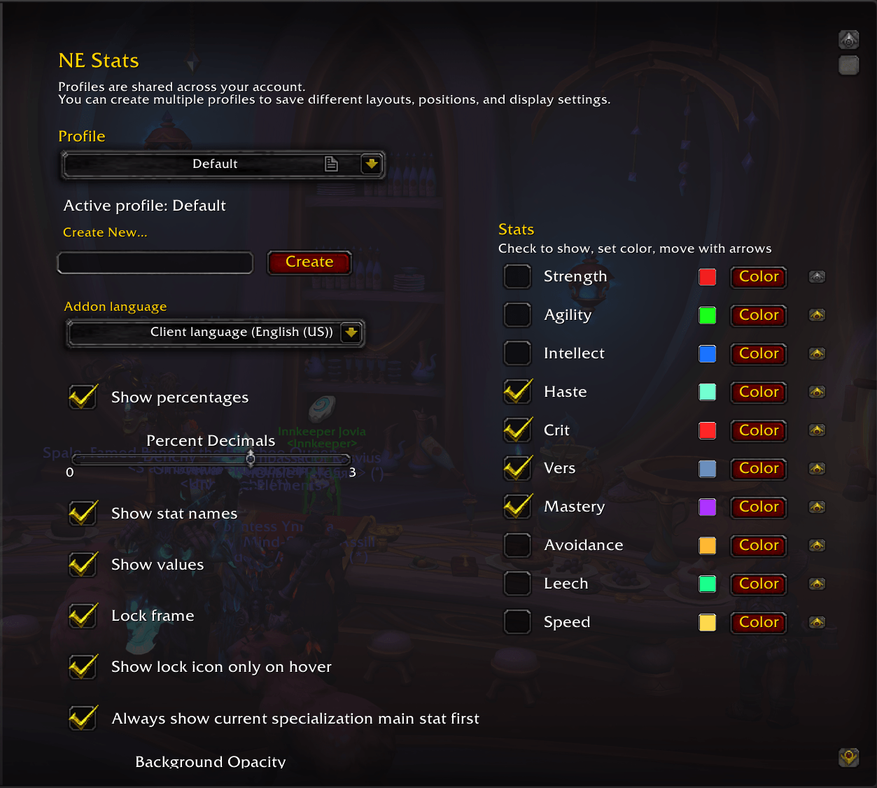 In-game settings panel with stat order, colors, and display options