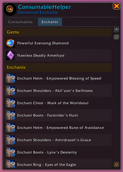 Thumbnail Enchants tab from the perspective of an elemental shaman.
