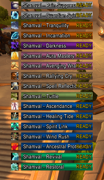 Thumbnail Main bar display showing tracked cooldowns in a group setting.