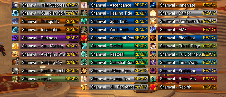 Thumbnail Main bar display showing tracked cooldowns in a group setting.