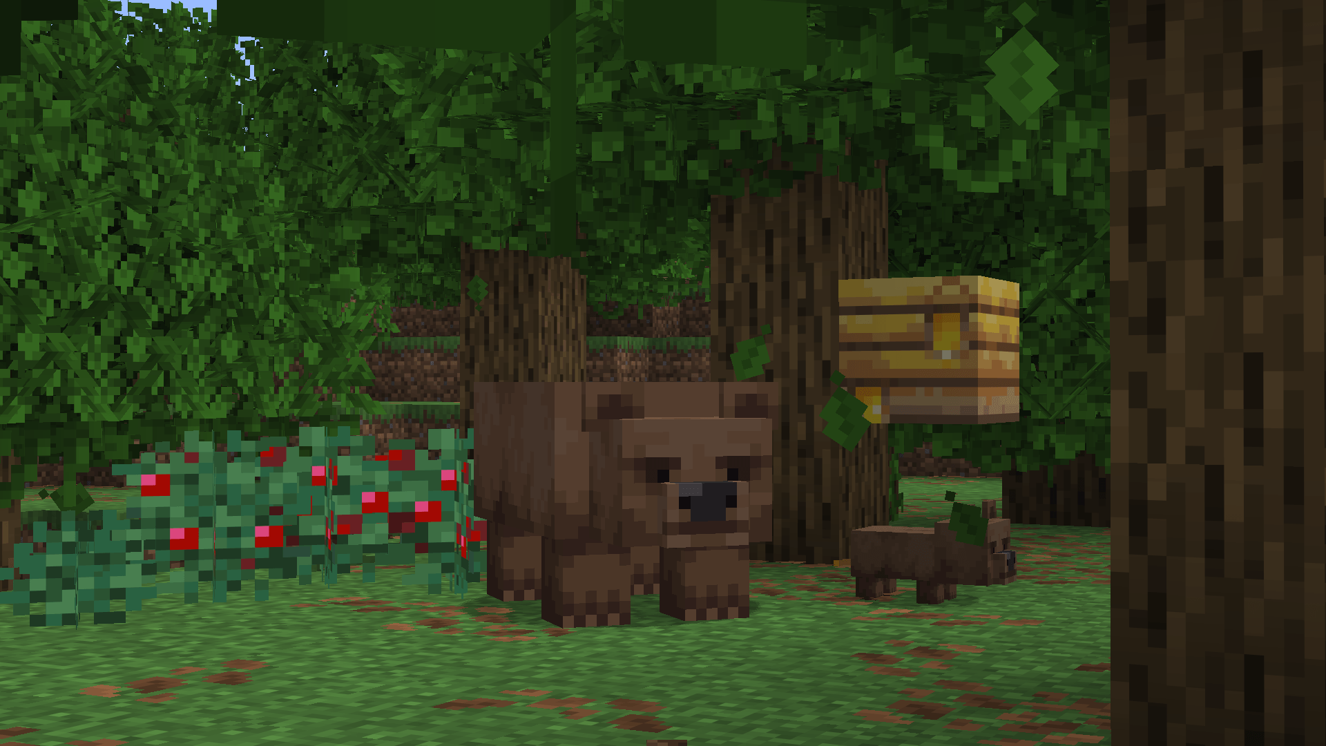Brown bear in forest with cub