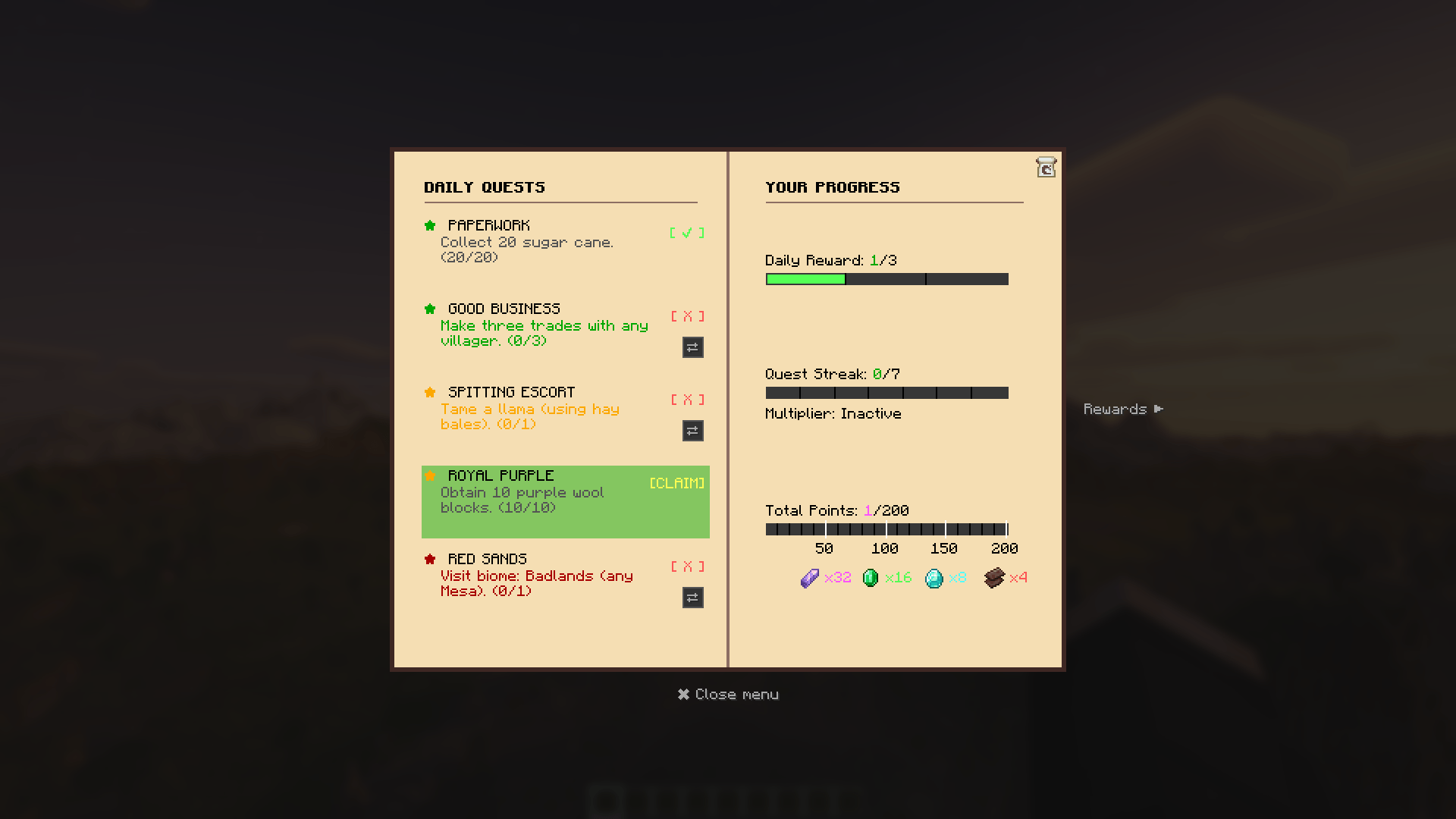 Thumbnail The main GUI where players can track their daily tasks, reroll quests, claim rewards, and monitor their streaks and total points.