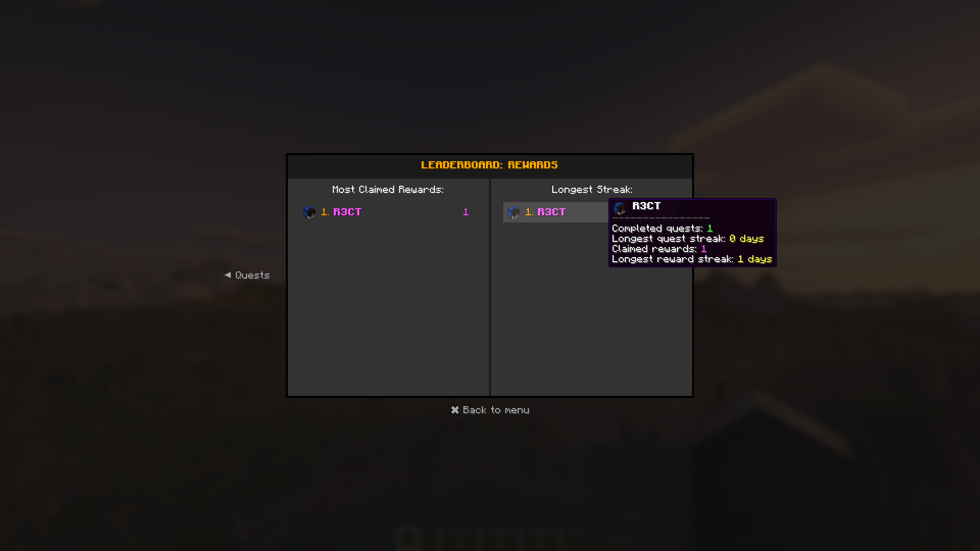 Thumbnail A dedicated in-game GUI to foster healthy competition on your server. Tracks global player rankings across three key metrics: total quests completed, total daily rewards claimed, and the longest maintained streaks.