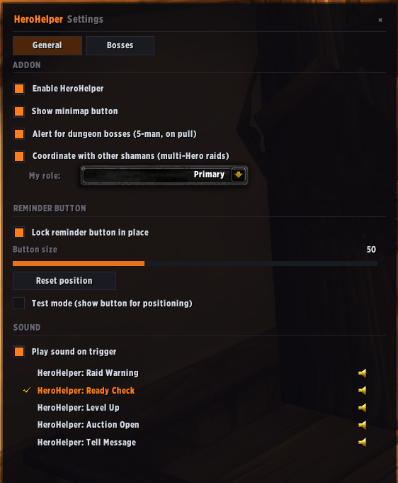 Options panel