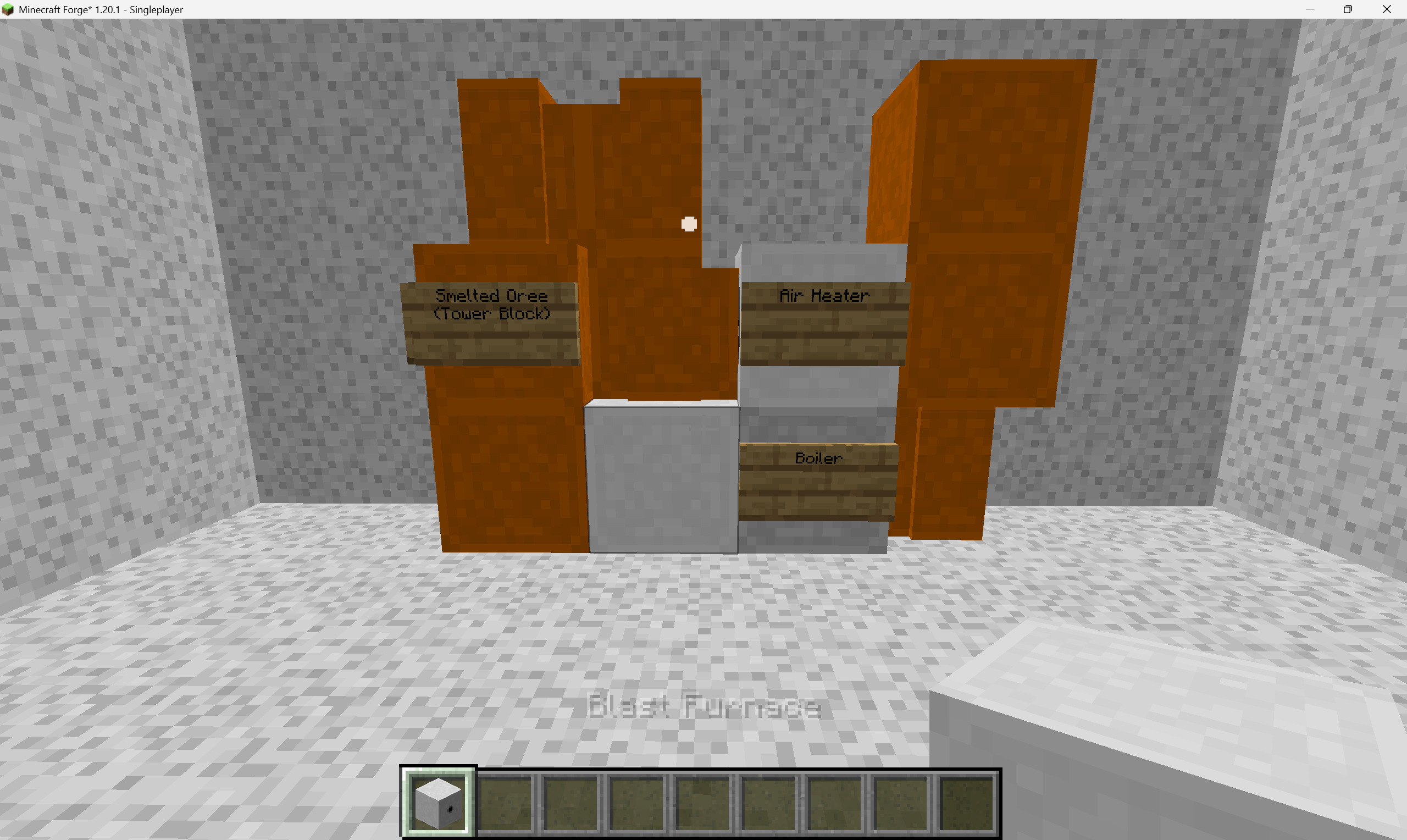 Blast furnace multiblock. The wall block is the Copper Tube. The setup only works in this exact placement, where blocks to the right go up in Z.