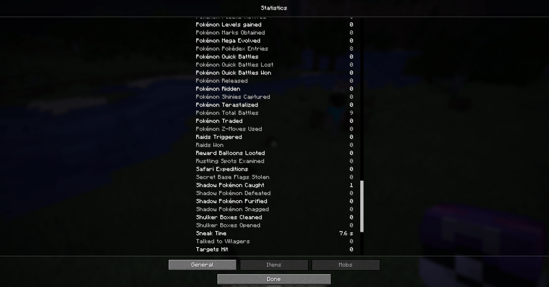 Some of the new stats, in the vanilla Statistics screen