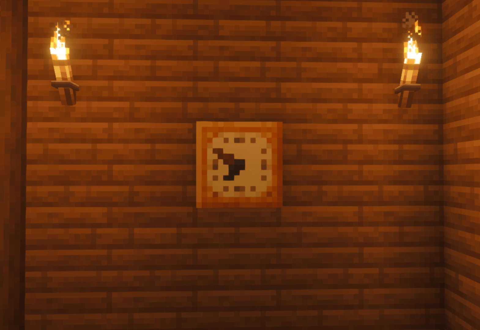 Thumbnail Analog Clock placed on wall with torches on either side.