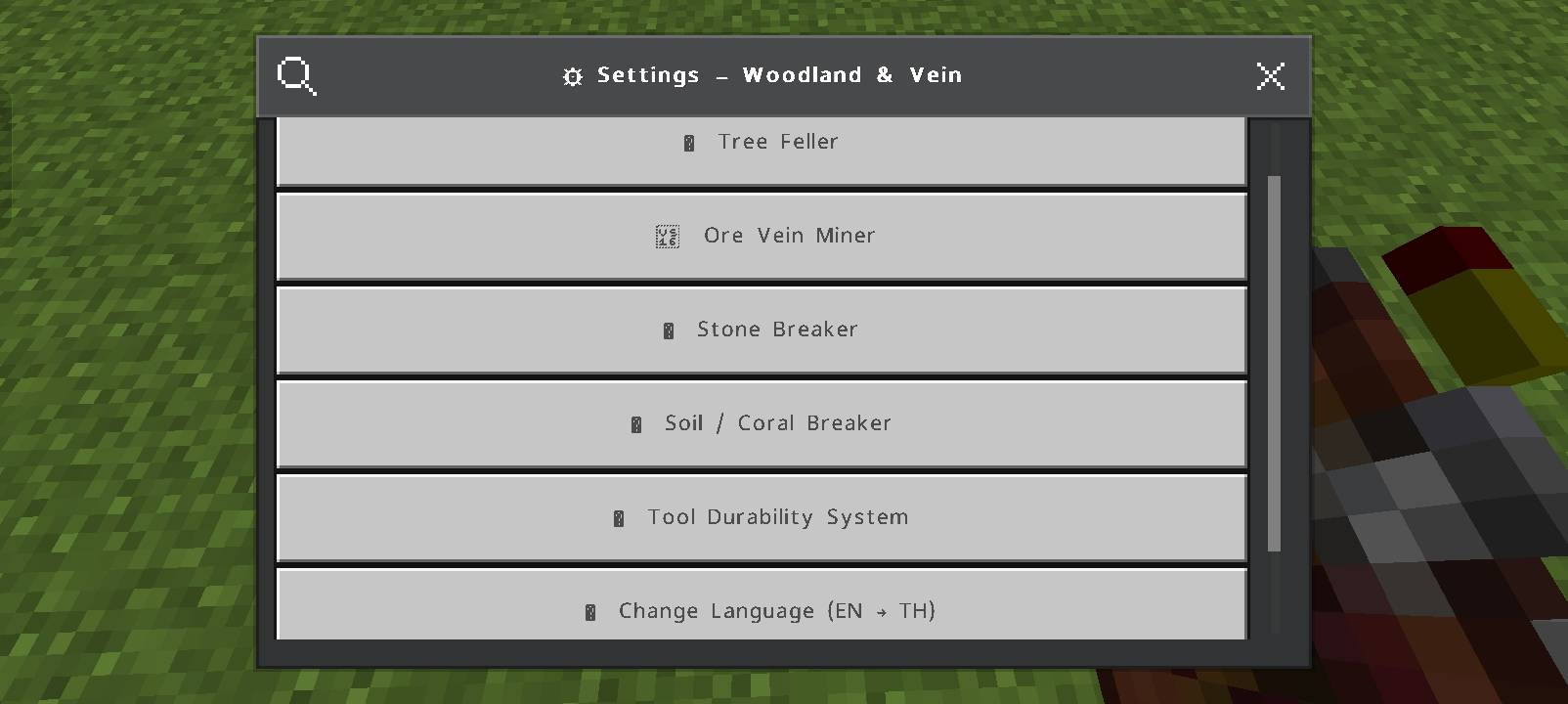 Thumbnail Easily navigate through different categories (Trees, Ores, Stones, Excavator) and toggle the realistic tool durability system right from the main page!
