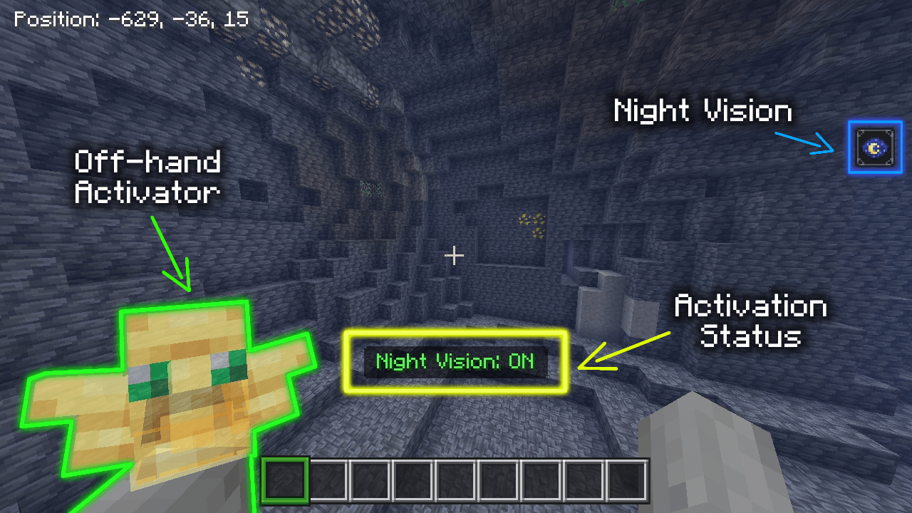 Put any item on the off-hand slot to activate.