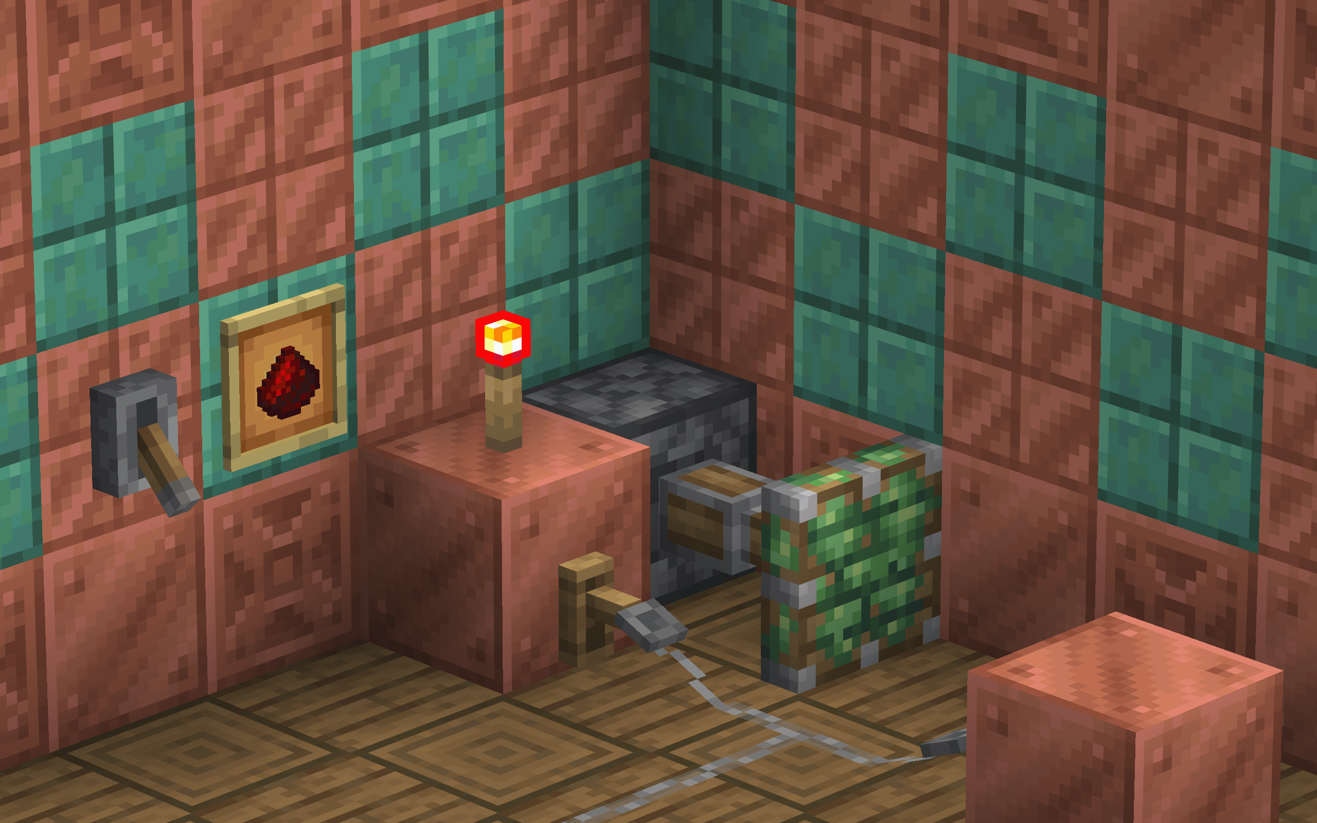 Lever, Redstone Torch, Sticky Piston, Tripwire Hook, String placed down!