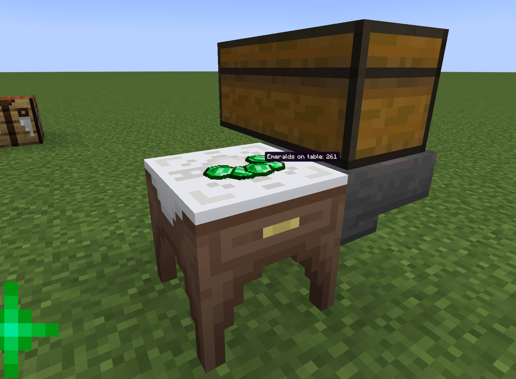 Thumbnail Villagers will automatically purchase all goods stored in the Trading Hall and leave emeralds on the table.