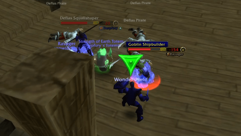 The current threat leader on each enemy is shown (class/pet, name, role) under the threat indicator. Here the tank is 20 and 154 threat points behind the healer and Ravager pet. The health bar is red meaning he doesn't have aggro.
