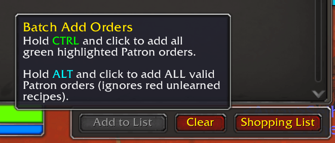 You can hold CTRL to add all the necessary mats for all the Green (have points) receipts, or ALT to add everything but the unknown recipes.