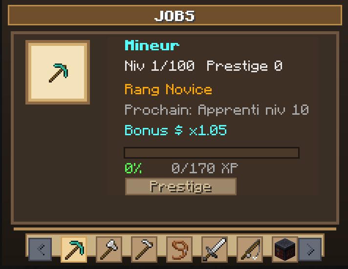 Main panel where you can switch between jobs and also access to the rewards panel and prestige mecanic.