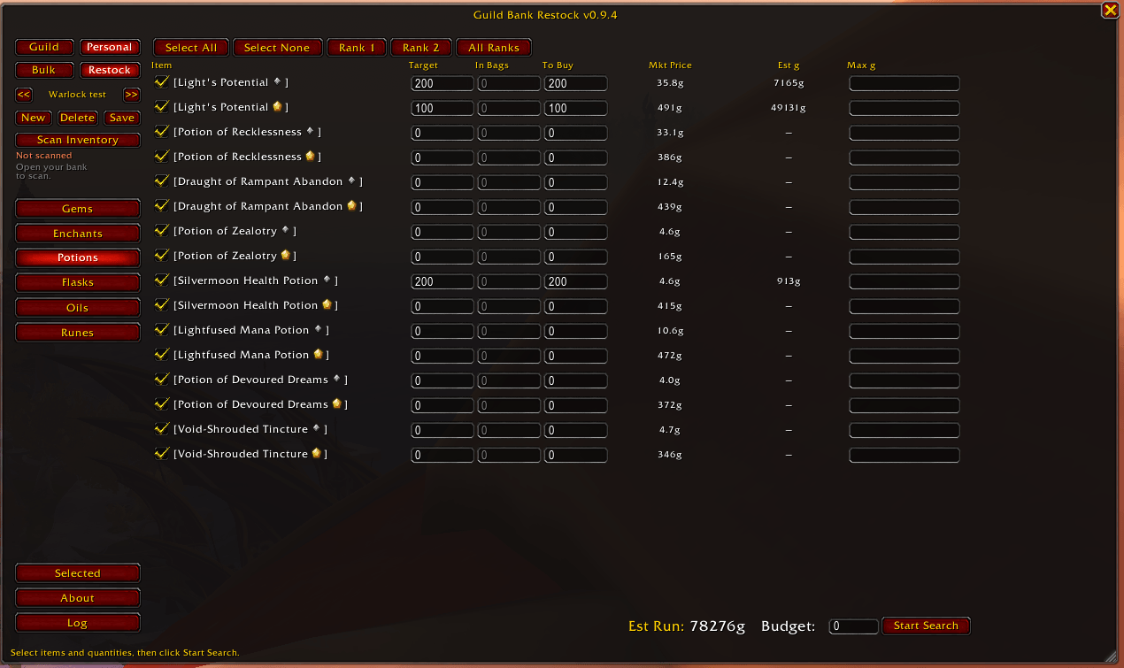 Potions tab