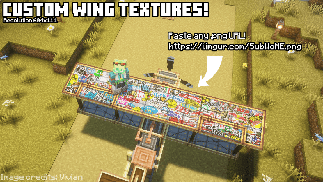 Set custom wing textures in game with any URL linking to a .png image online!