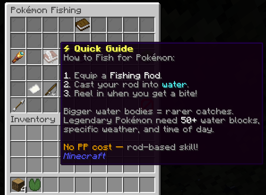 Thumbnail The image shows how to use the sklill fishing, and gain level for it, by using the default fishing rod, the player will fish for pokémon, fishing them will evolve the player skill.