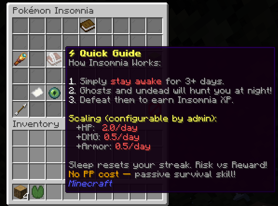 Thumbnail Insomnia is a survival challenging skill, this image from the "/pokeskill" user interface is a resume on how it works, by staying awake for days the player will become haunted not only by phantoms, but by pokemons, defeat them and survive to level up!