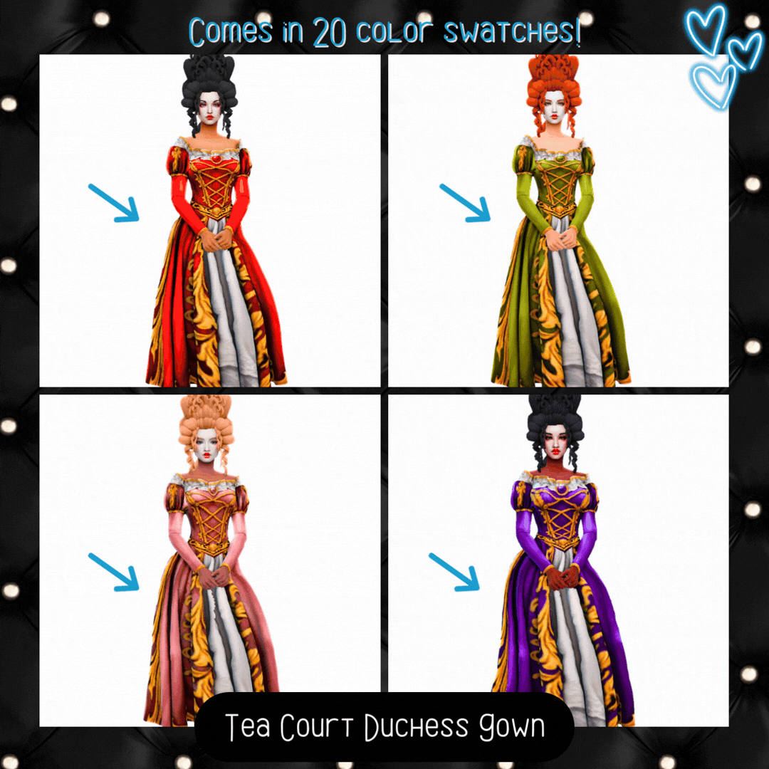 A regal Rococo gown for your refined sims that comes in 20 color swatches!