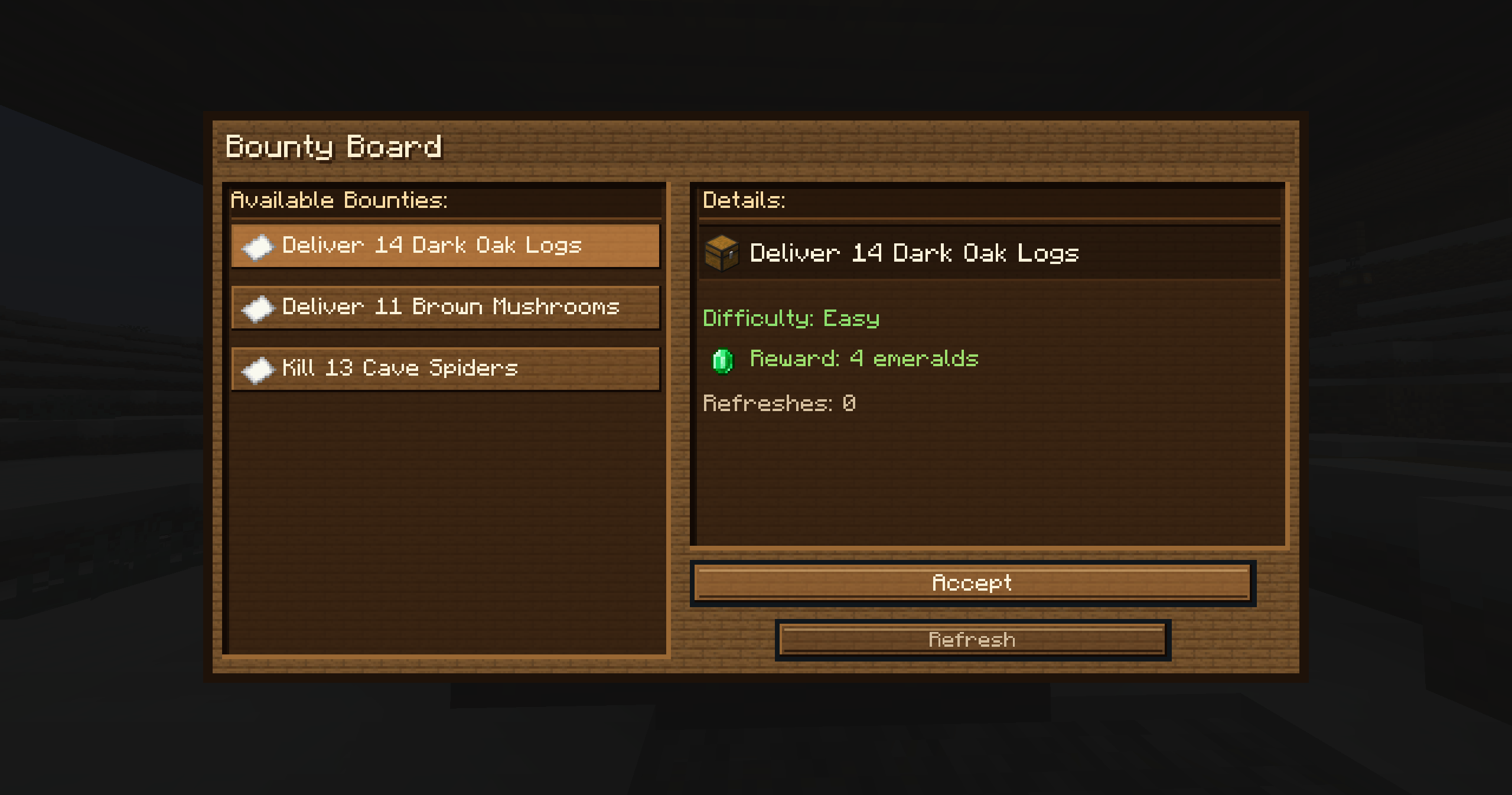 Thumbnail The bounty board GUI in a snowy village, with the darker wood color palette. With some example bounties.