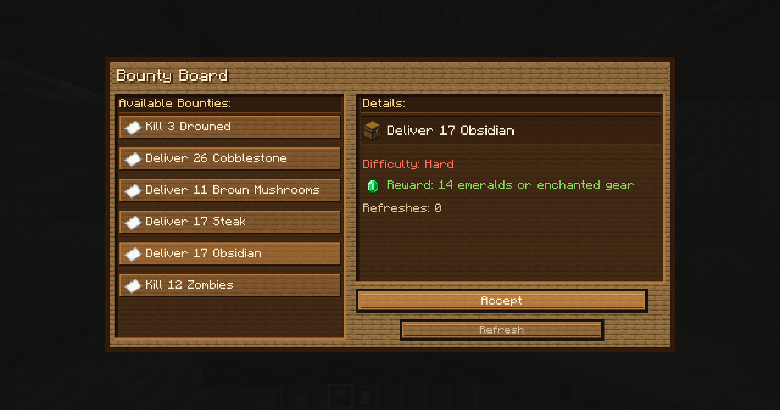 Thumbnail The GUI for the bounty board in the plains biome, with the plains (oak) coloring. Includes some example bounties.