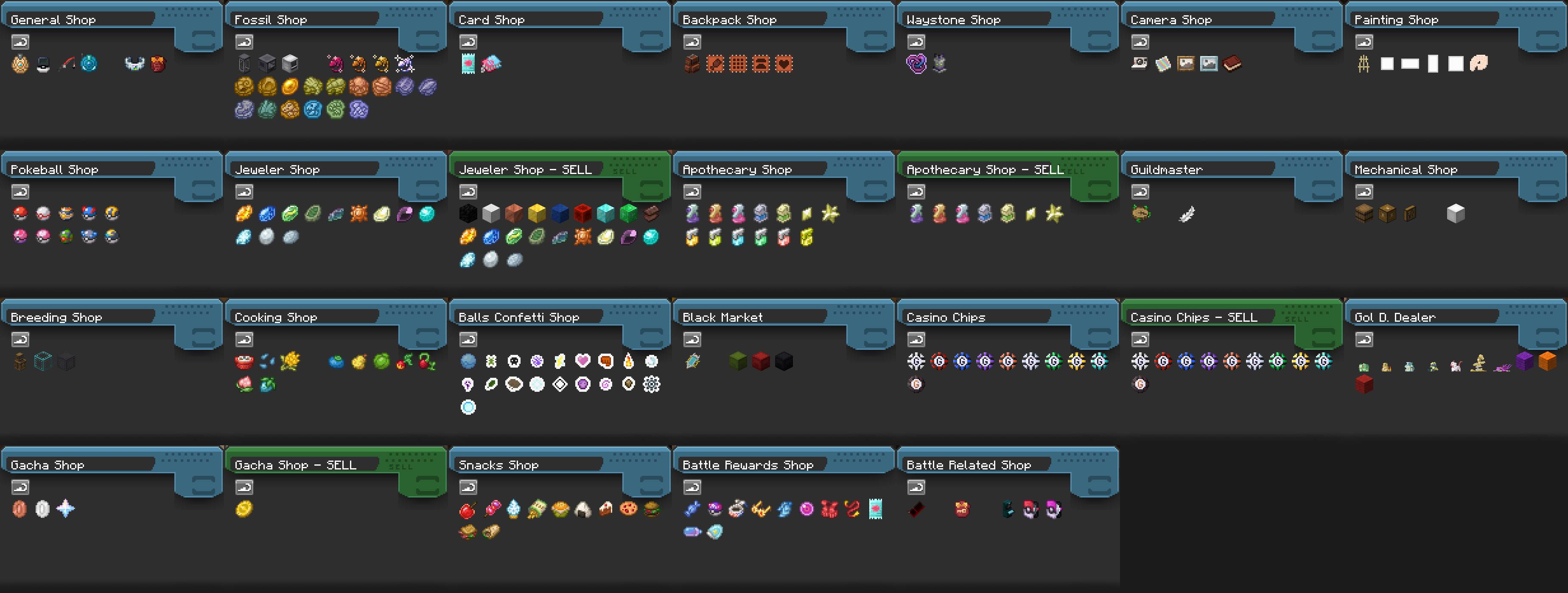 List of every shops and their contents