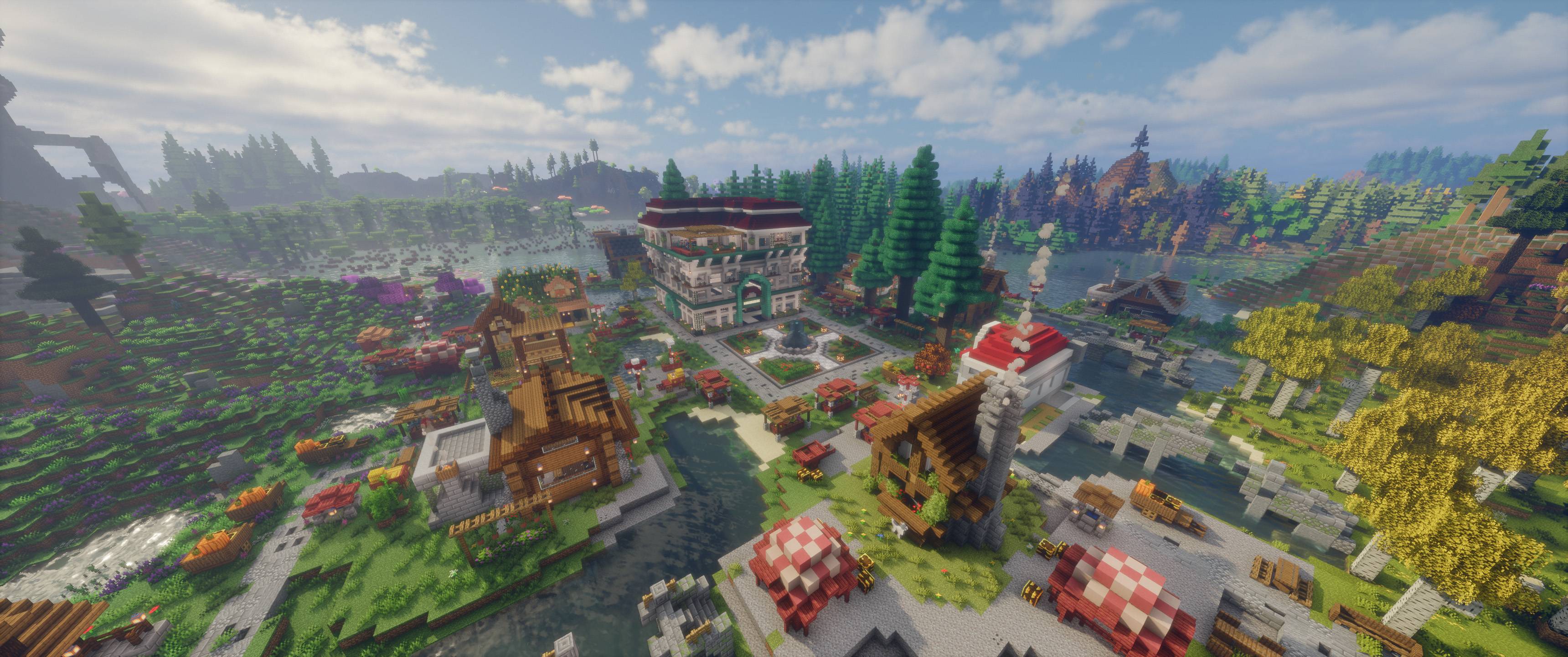 A Cobblemon Addition city with distant horizon