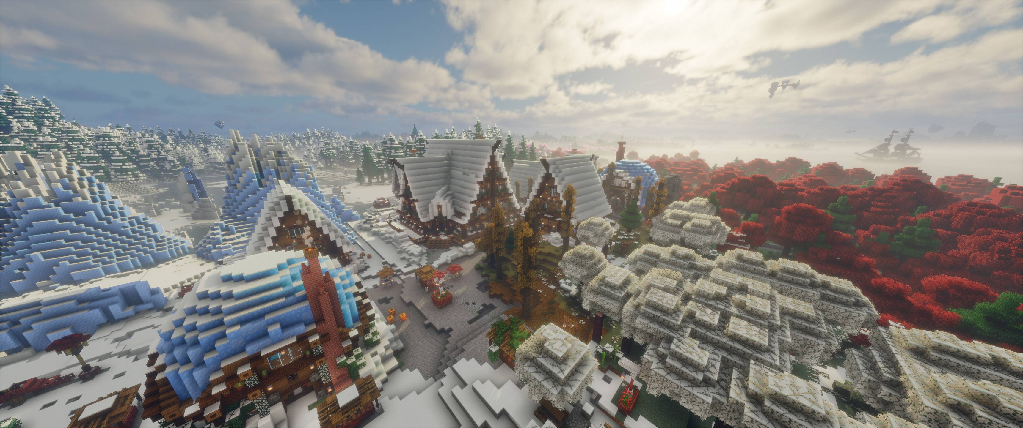 A Cobblemon Addition city with distant horizon
