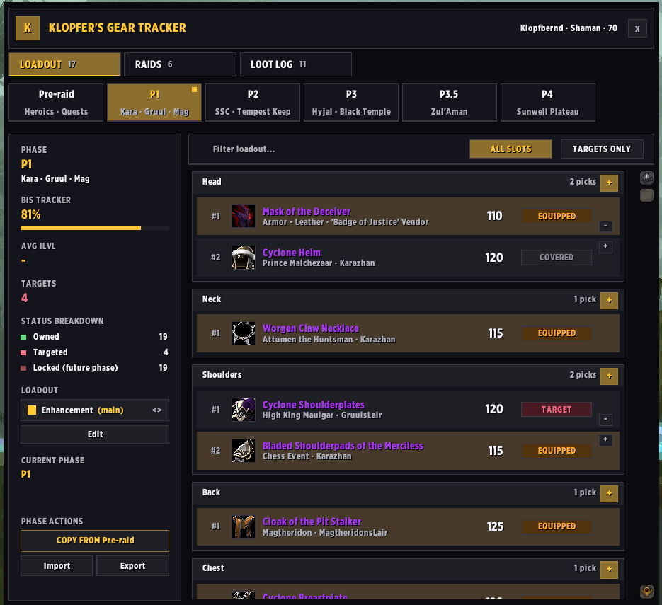GearGoals — LOADOUT Tab
