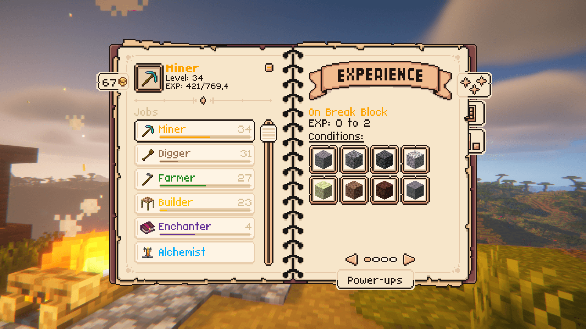This page shows the available jobs with their ways of gaining job-experience. The bar underneath the job indicates the job-experience percentage until leveling up the job.