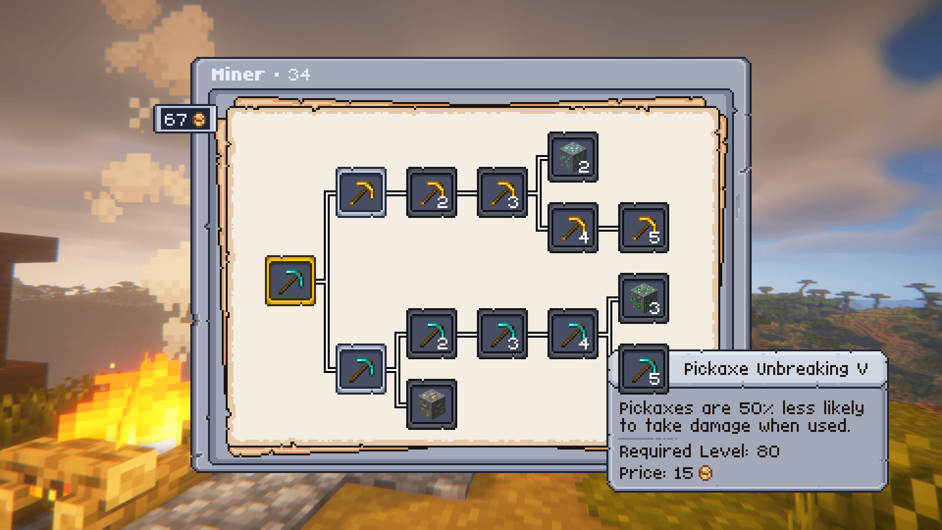 This menu shows the available power-ups for a certain jobs. Power-ups don't stack but are a upgrade from the previous one. Power-ups can also be disabled when purchased by clicking on them (will mark the power-up in red)