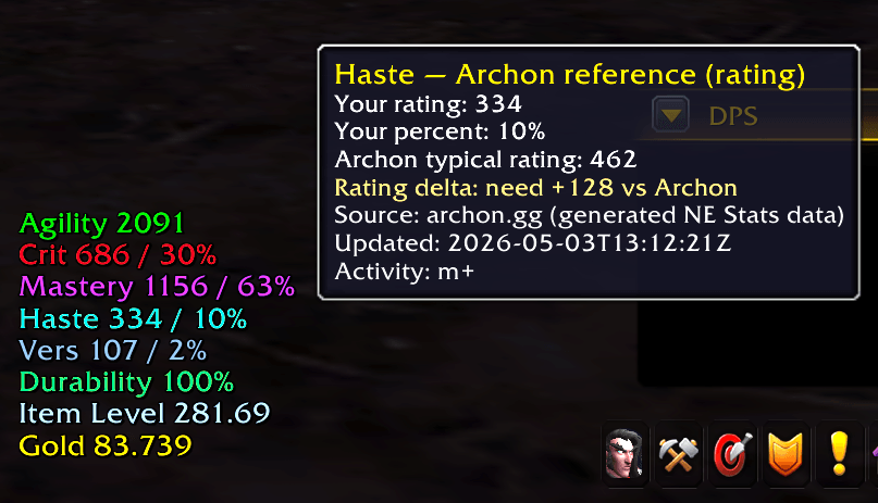 Archon reference tooltip — compare your secondary stat ratings to typical values from archon.gg