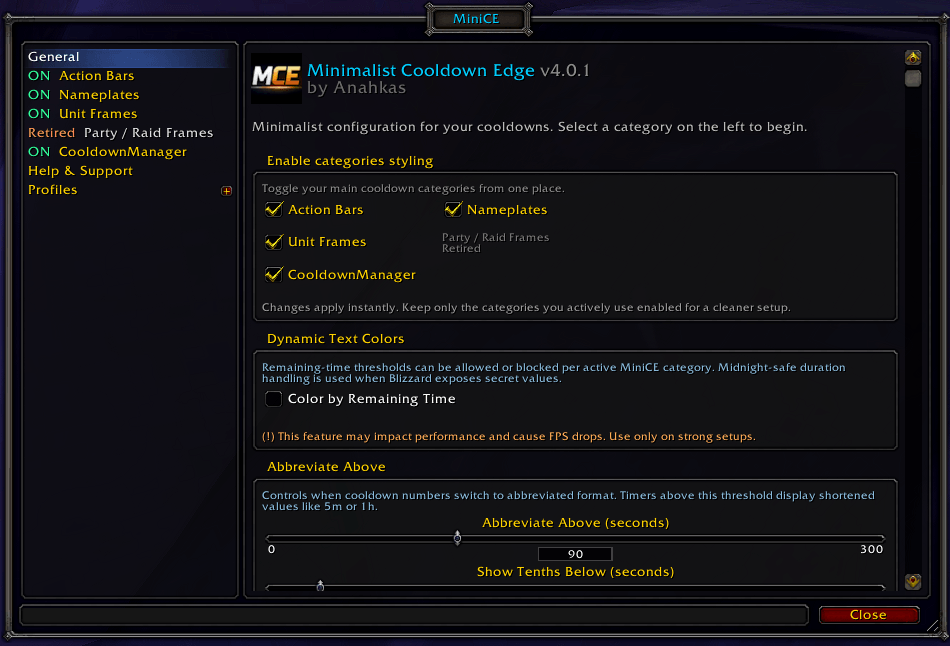 A screenshot of the MiniCE addon configuration panel in World of Warcraft. This specific section covers Action Bar customization, showing how to adjust font faces, text outlines, and the visual "Swipe Edge" scale for cooldowns.