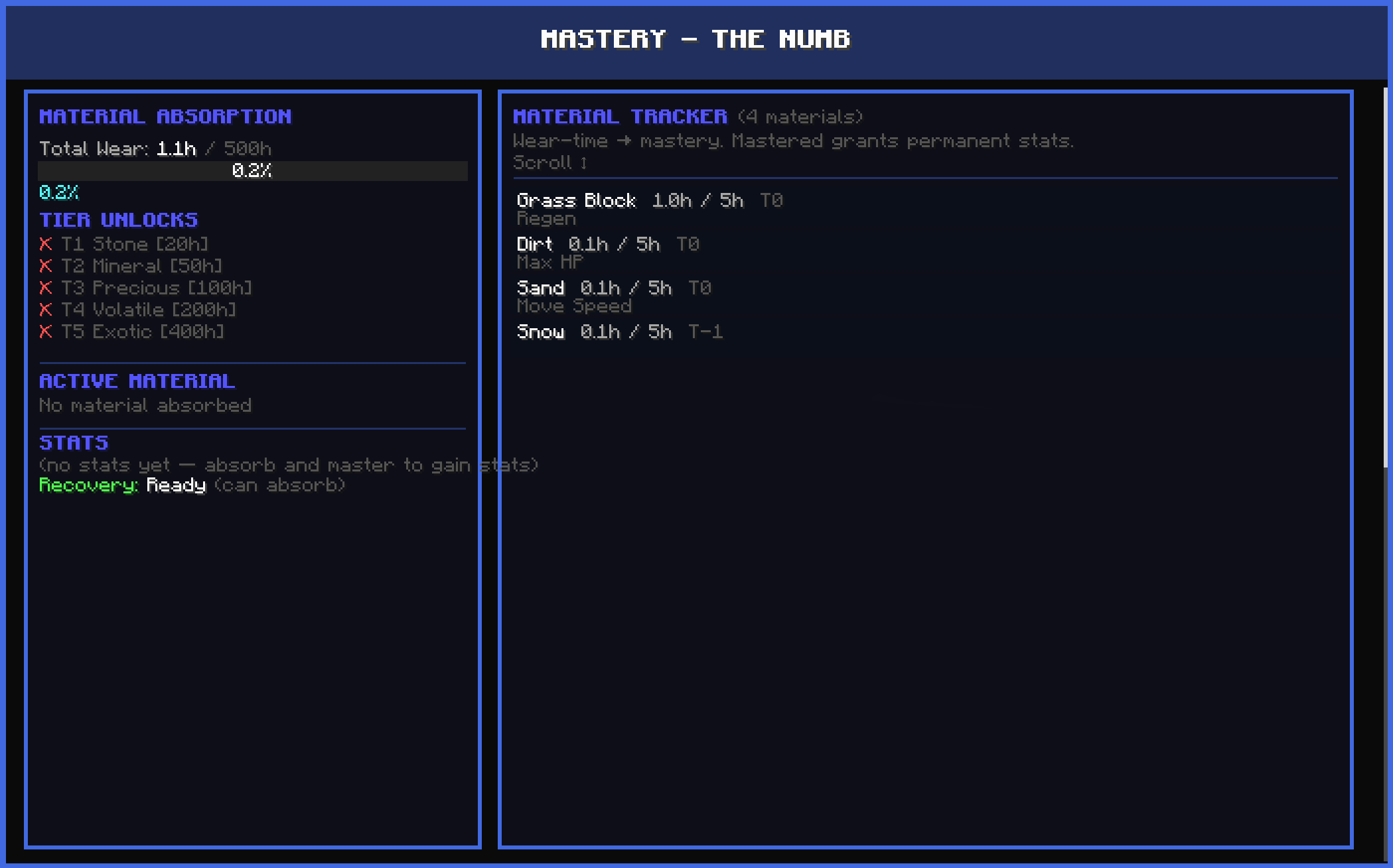 Thumbnail Not as in depth as the codex but this tracks permanent and active stats, also will hold all mastered materials displayed in a easier to see version, and overall numb progression