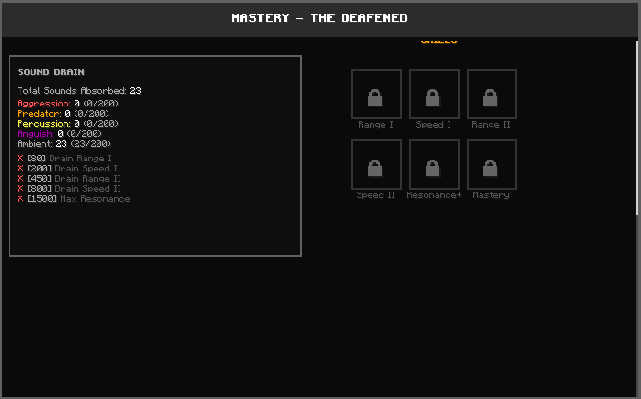 Thumbnail Allows you to see what types of sounds you absorb, the overall mastery, and unlocks. Class will get its own codex so you can track what mobs give what sounds. (WIP)