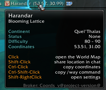 Broker Tooltip shows main features of the addon. Click interaction is with the broker display. Displayed information is configurable in Addon settings.