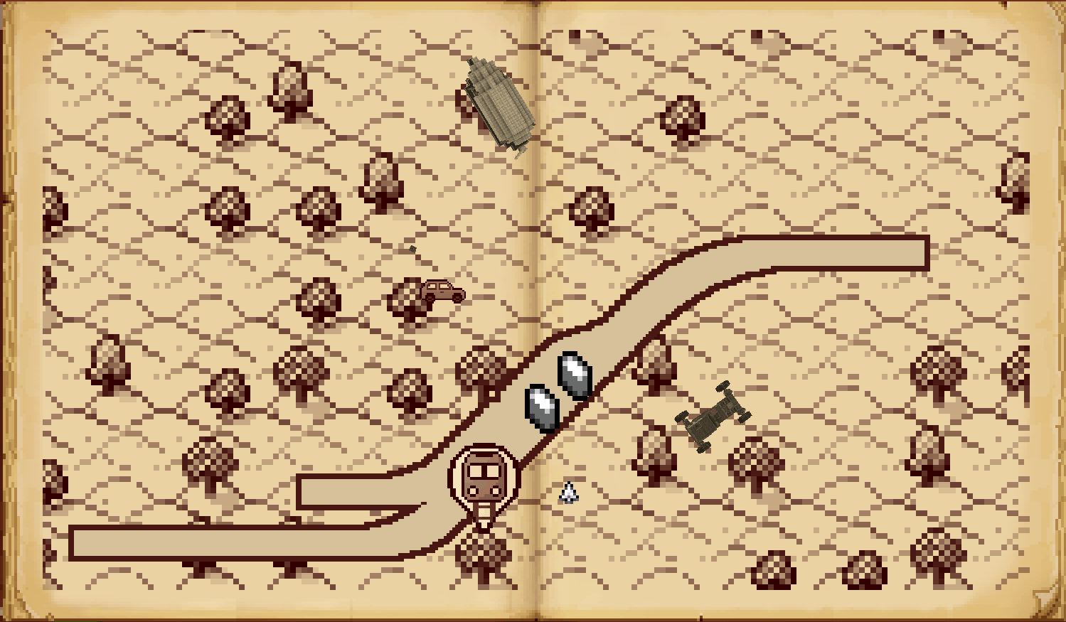 Shows train tracks, live trains, and stations from the Create mod — and a glimpse of dynamic ship preview from Simulated.