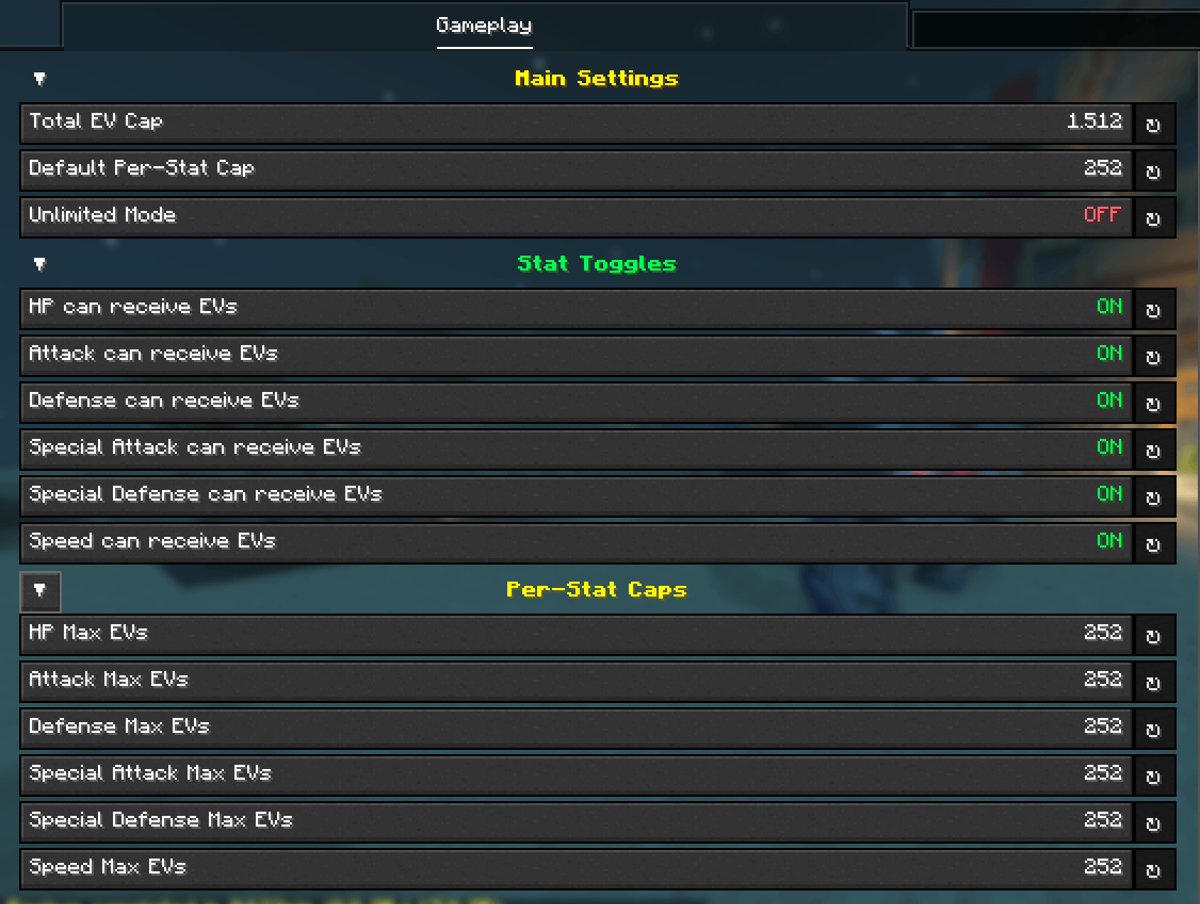 Thumbnail YACL Gameplay tab top - Main Settings (Total EV Cap 1512, Default Per-Stat 252, Unlimited Mode OFF), Stat Toggles (all six stats ON), and the Per-Stat Caps section showing all six caps at 252.