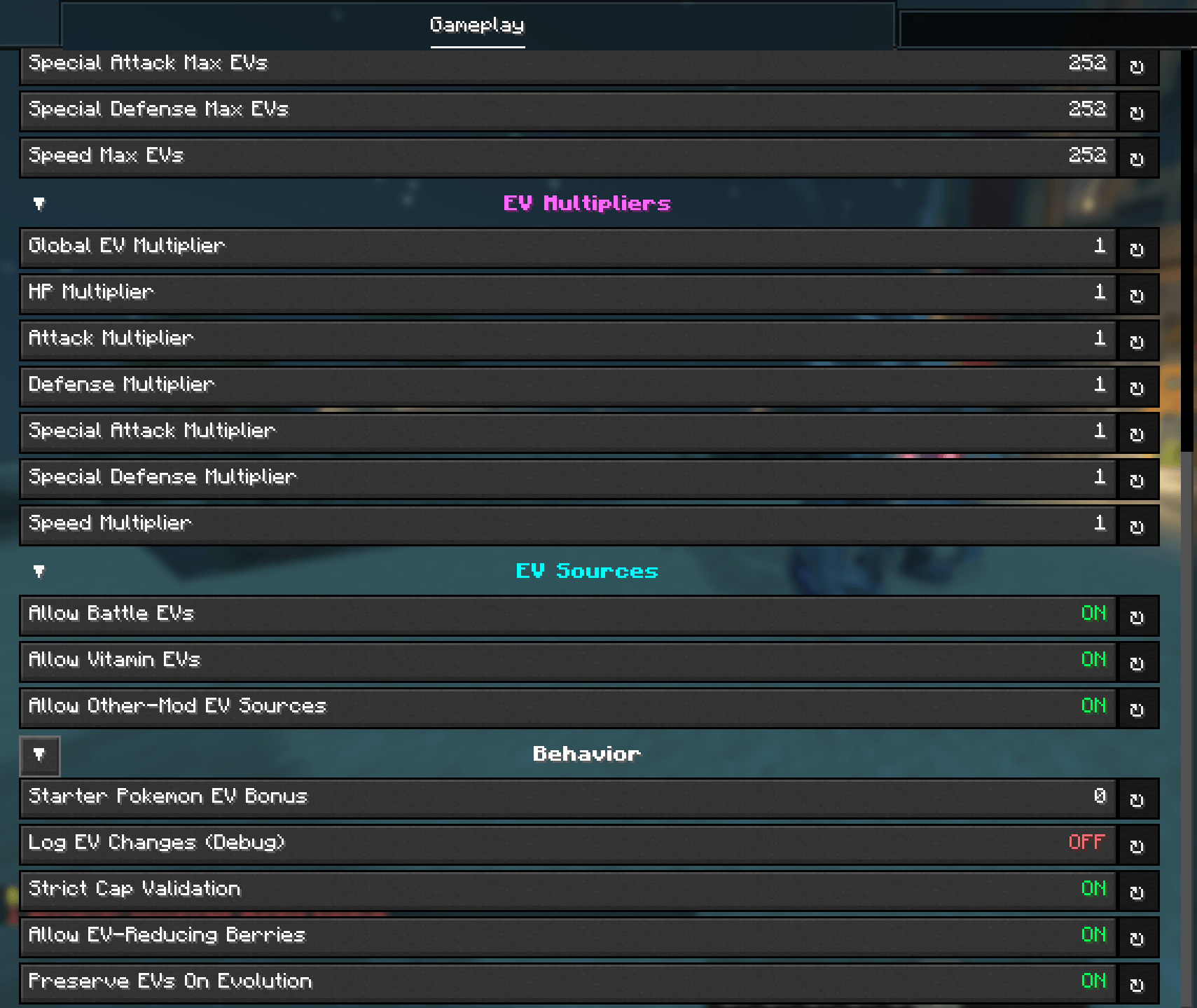 Thumbnail YACL Gameplay tab bottom - End of Per-Stat Caps, EV Multipliers (Global plus six per-stat at 1x), EV Sources (Battle, Vitamin, Other-Mod ON), Behavior (Starter Bonus 0, Strict Validation ON, EV-Reducing Berries ON, Preserve On Evolution ON).