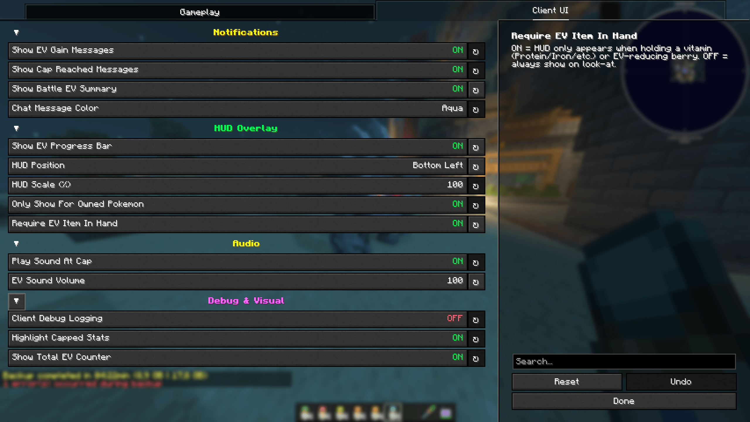 Thumbnail YACL Client UI tab fully expanded - Notifications (chat messages, color), HUD Overlay (Bottom Left, Scale 100%, Owned Only ON, Require EV Item ON), Audio (Sound Volume 100), Debug & Visual. Right panel shows "Require EV Item In Hand" tooltip.