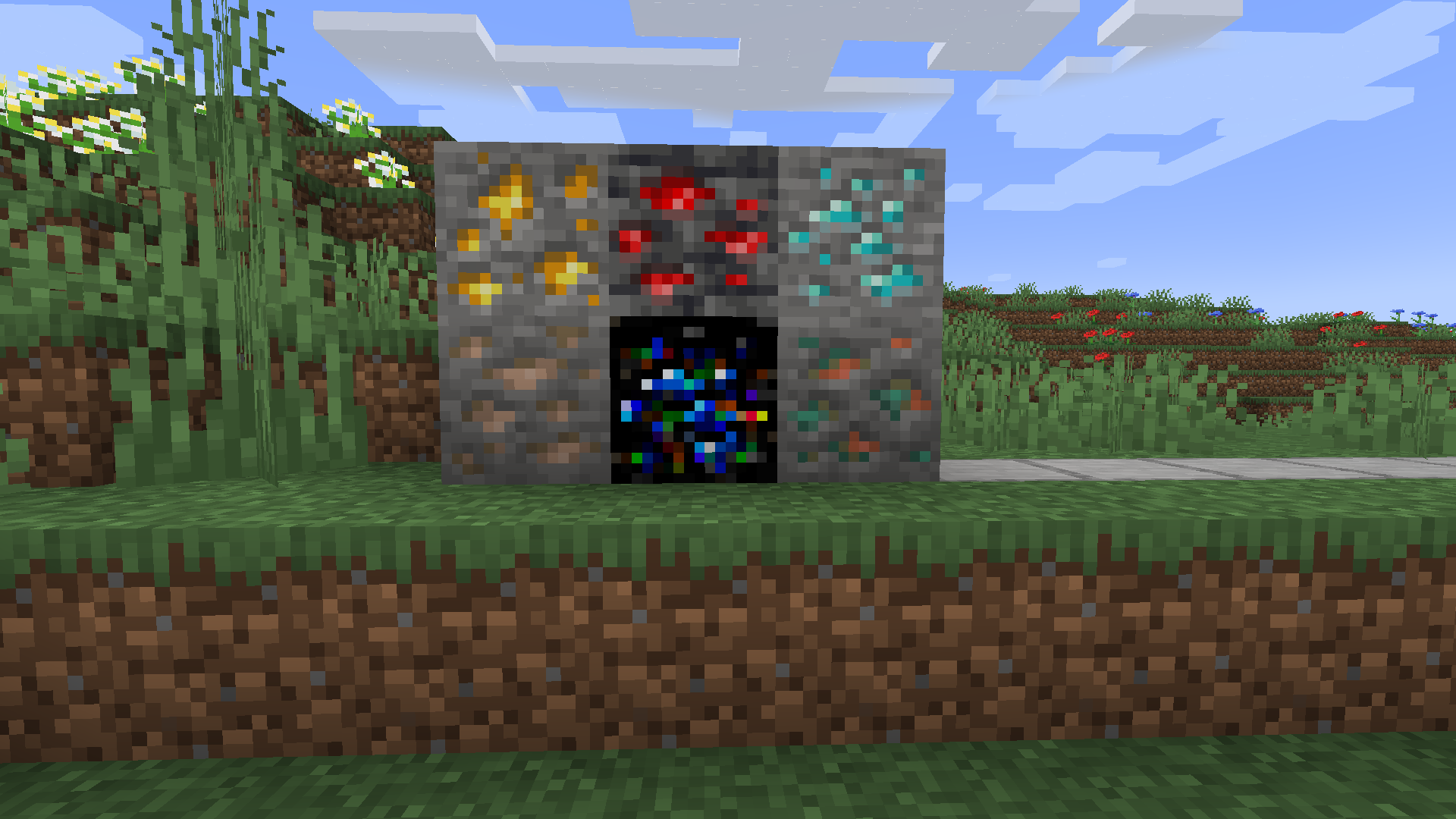 Thumbnail OBSERVATION NOTES: Aberrant ore sorrounded by some vanilla ores. Observe how the block retains certain traits of other ores in its surface.