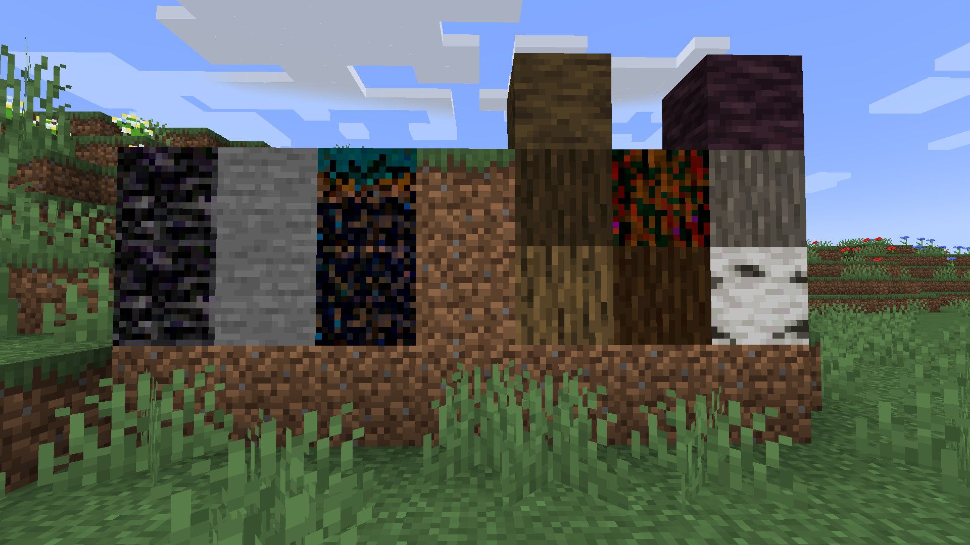 Thumbnail INVENTORY LIST (From left to right): Aberrant mineraloid-stone Aberrant dirt-dirt And aberrant log (middle) sorrounded by other dimension-native logs
